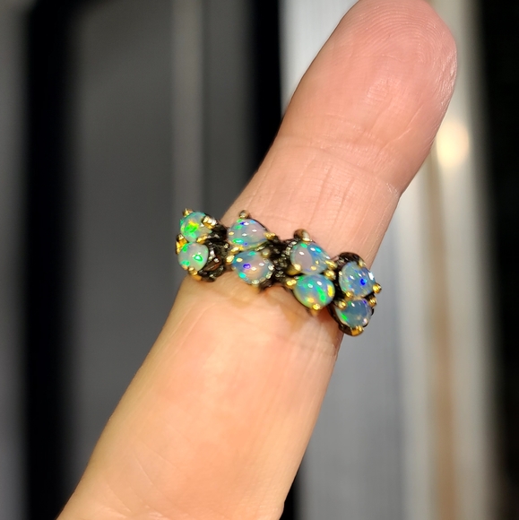 Natural Kharma by Avelon Jewelry - 8 teardrop Opal sterling Rhodium& gold ring sz6